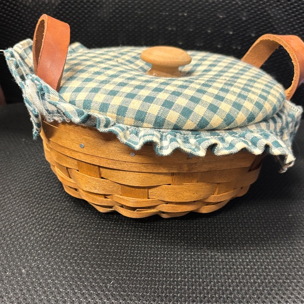 Woven Wood Basket with Blue Gingham Fabric Lid